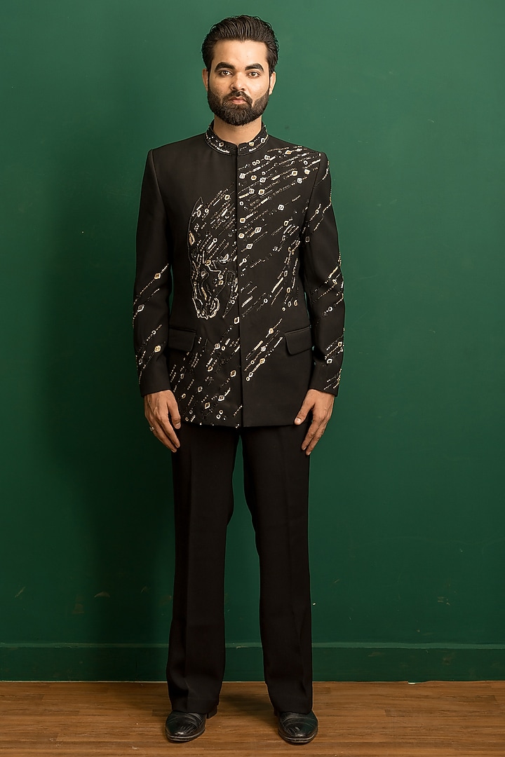 Black Italian Crepe Hand Embroidered Wedding Bandhgala Set by Dev Kumar at Pernia's Pop Up Shop