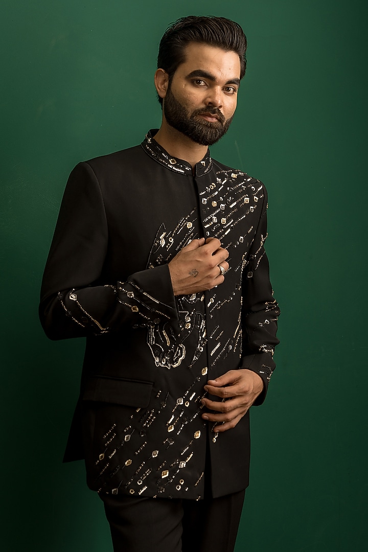 Black Italian Crepe Hand Embroidered Wedding Bandhgala Set by Dev Kumar at Pernia's Pop Up Shop
