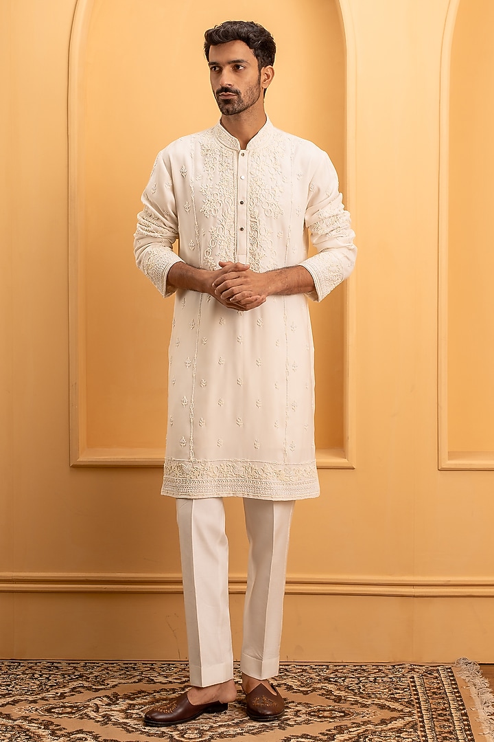 Ivory Cotton Silk Hand Embroidered Kurta Set by Dev Kumar at Pernia's Pop Up Shop