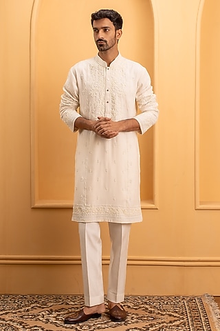 Ivory Cotton Silk Hand Embroidered Kurta Set by dev kumar