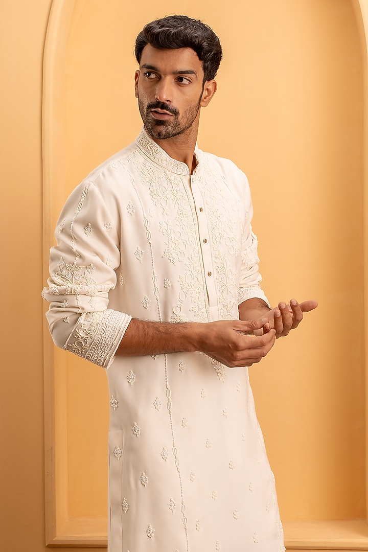 Ivory Cotton Silk Hand Embroidered Kurta Set by Dev Kumar at Pernia's Pop Up Shop