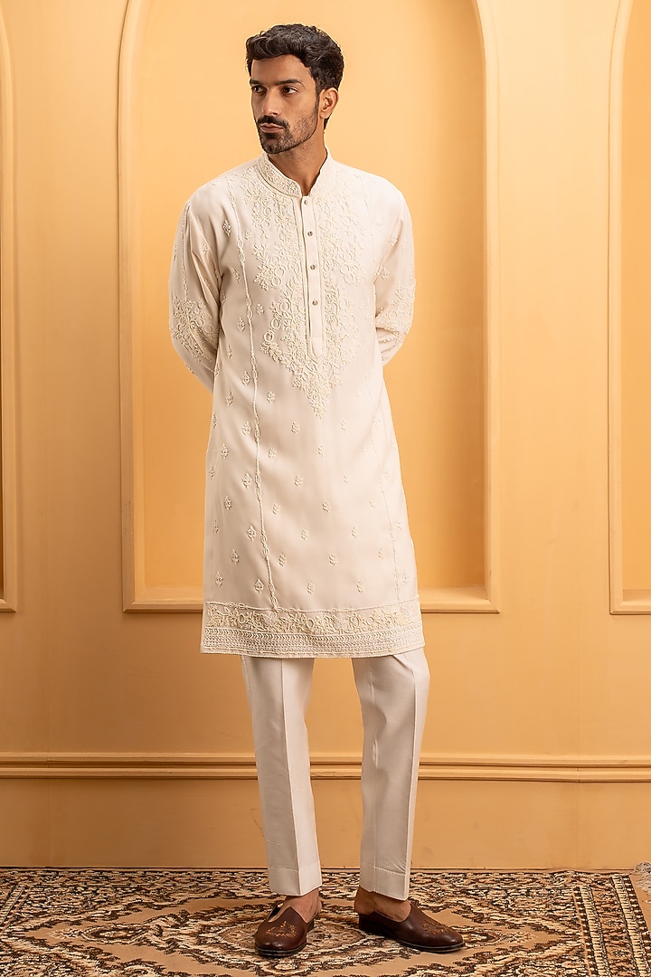 Ivory Cotton Silk Hand Embroidered Kurta Set by Dev Kumar at Pernia's Pop Up Shop
