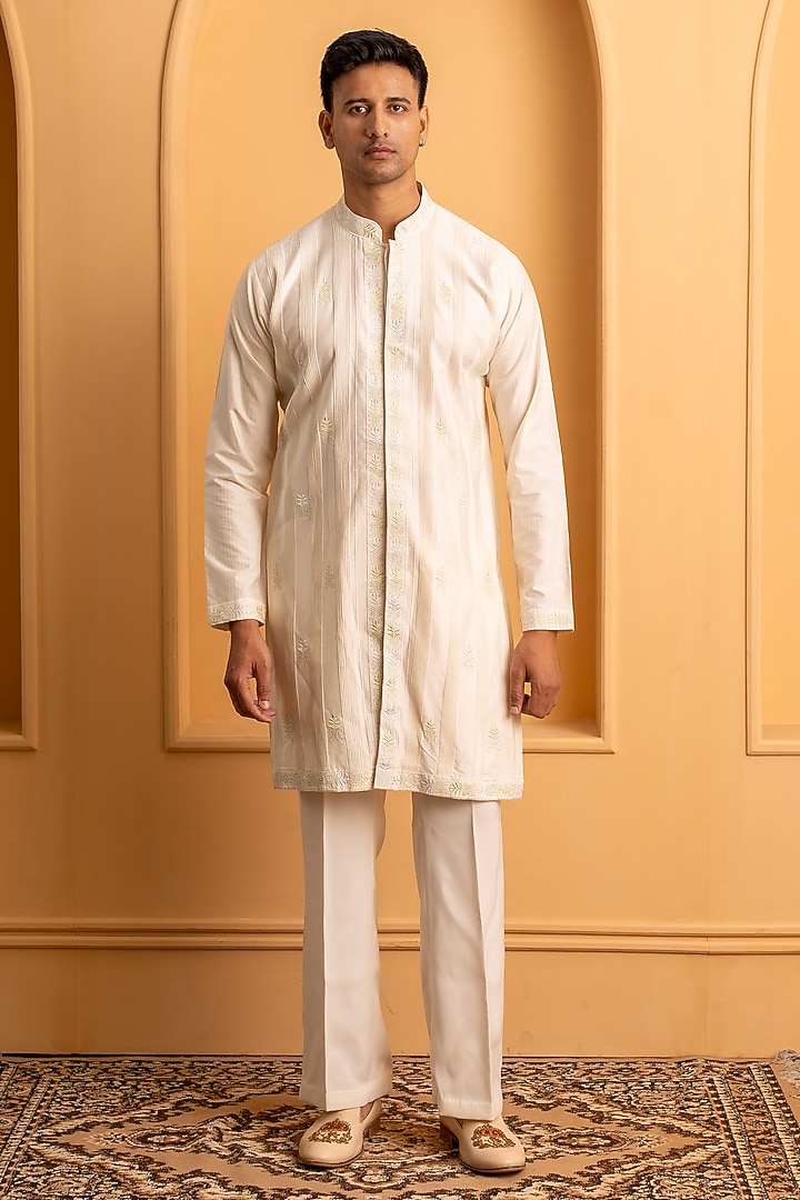 Ivory Cotton Silk Resham Embroidered Kurta Set by Dev Kumar at Pernia's Pop Up Shop