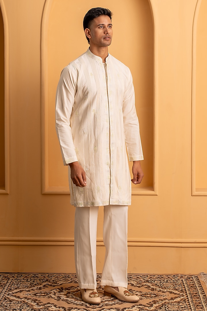 Ivory Cotton Silk Resham Embroidered Kurta Set by Dev Kumar at Pernia's Pop Up Shop