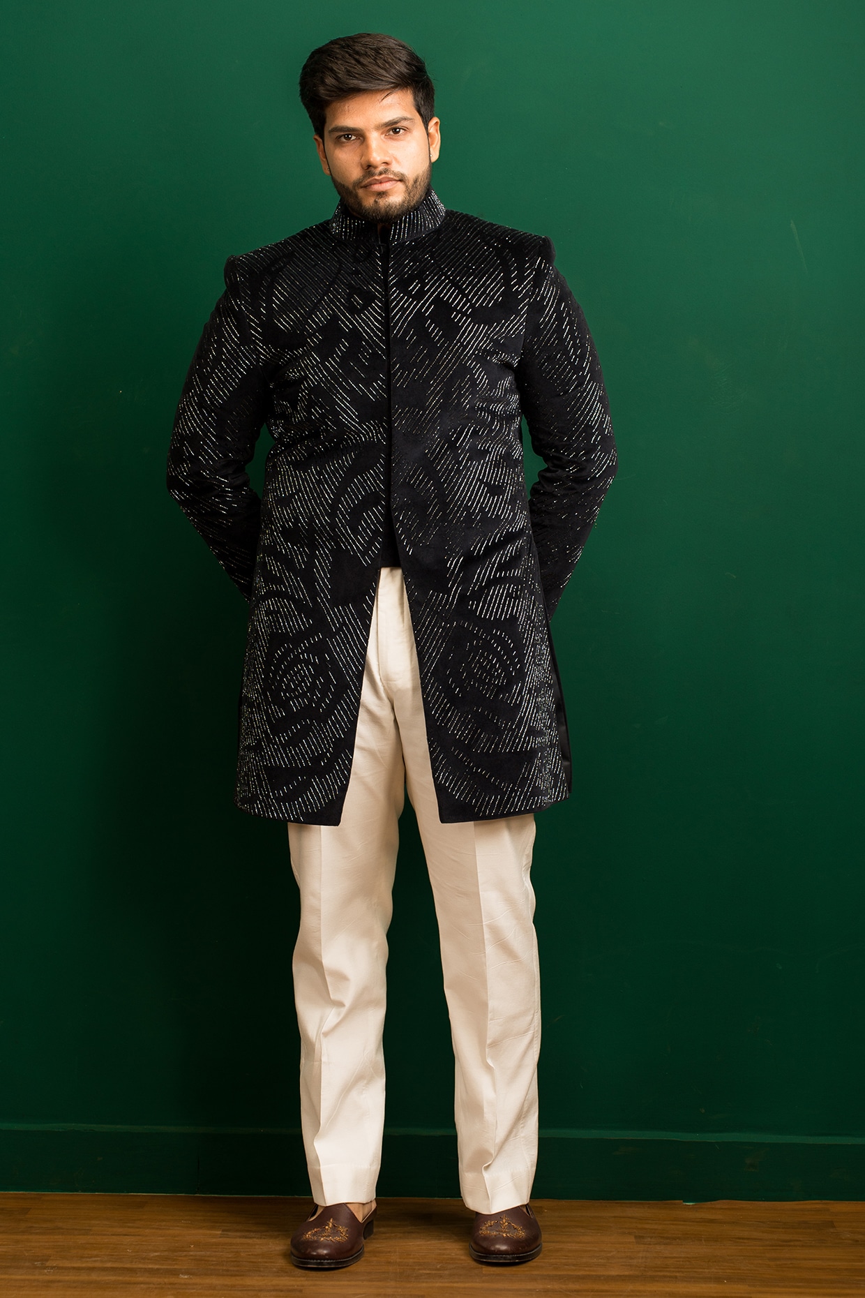 Dev Kumar Dark Blue Velvet Hand Embroidered Indowestern Set