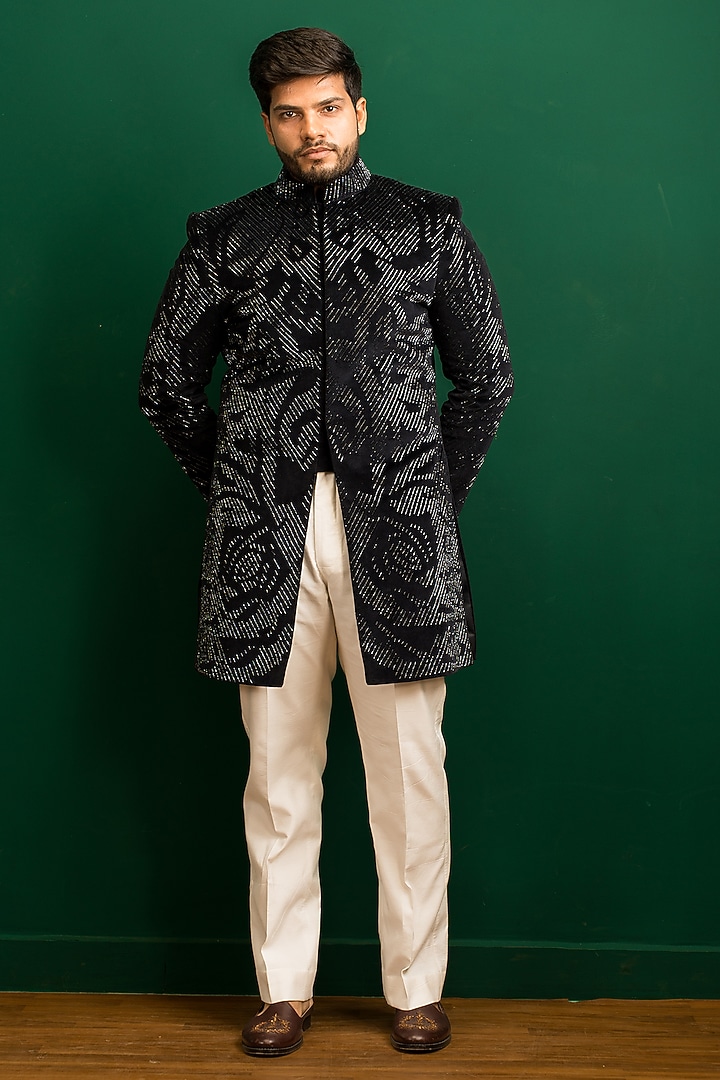 Dark Blue Velvet Hand Embroidered Wedding Indowestern Set by Dev Kumar at Pernia's Pop Up Shop