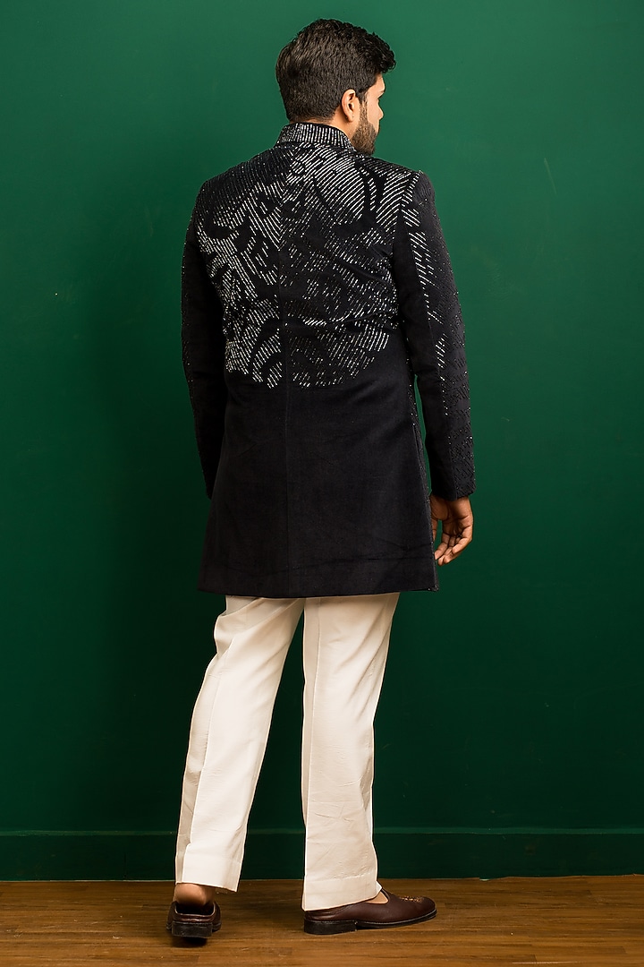 Dark Blue Velvet Hand Embroidered Wedding Indowestern Set by Dev Kumar at Pernia's Pop Up Shop