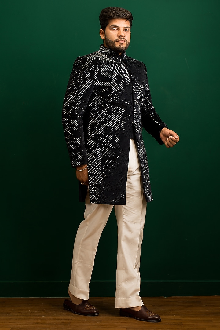 Dark Blue Velvet Hand Embroidered Wedding Indowestern Set by Dev Kumar at Pernia's Pop Up Shop