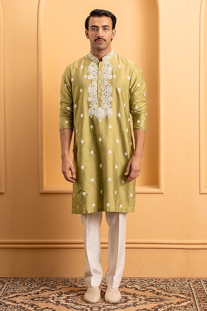 Lush Green Cotton Silk Dori Embroidered Kurta Set by Dev Kumar at Pernia's Pop Up Shop