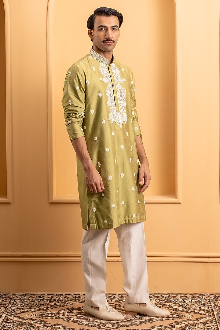 Lush Green Cotton Silk Dori Embroidered Kurta Set by Dev Kumar at Pernia's Pop Up Shop