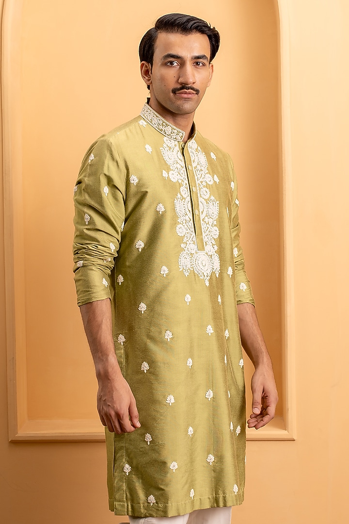 Lush Green Cotton Silk Dori Embroidered Kurta Set by Dev Kumar at Pernia's Pop Up Shop