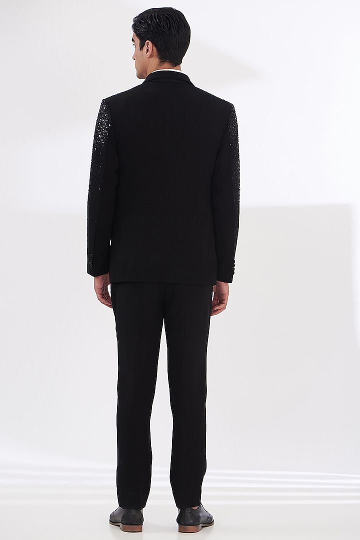 Black Italian Crepe Embroidered Tuxedo Set by Dev Kumar at Pernia's Pop Up Shop