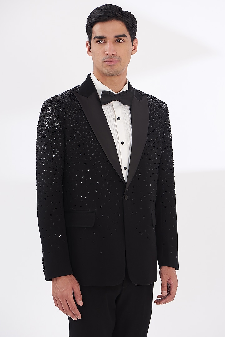 Black Italian Crepe Embroidered Tuxedo Set by Dev Kumar at Pernia's Pop Up Shop