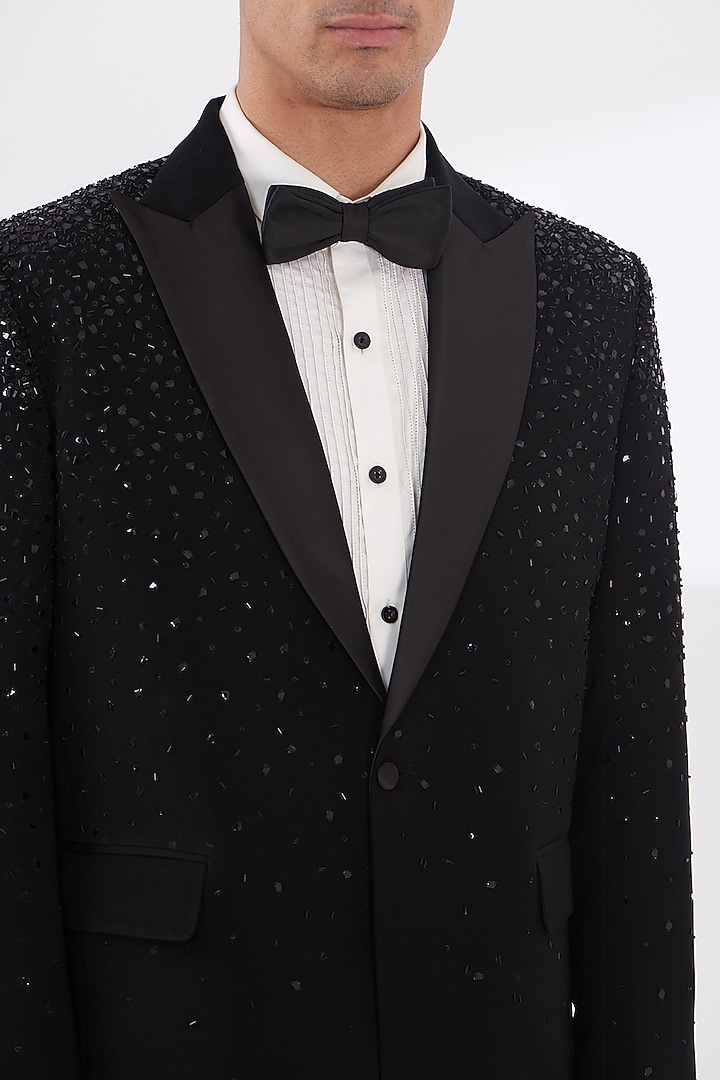 Black Italian Crepe Embroidered Tuxedo Set by Dev Kumar at Pernia's Pop Up Shop