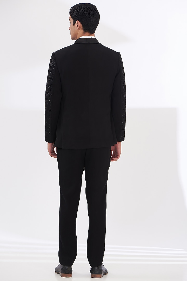 Black Italian Crepe Embroidered Tuxedo Set by Dev Kumar at Pernia's Pop Up Shop