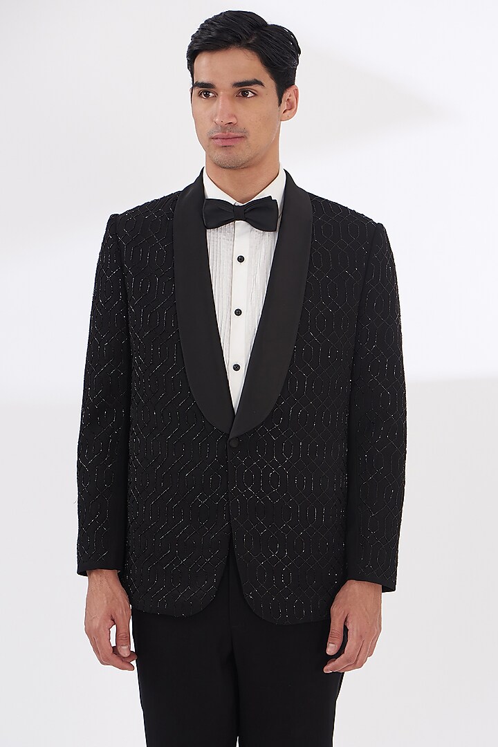 Black Italian Crepe Embroidered Tuxedo Set by Dev Kumar at Pernia's Pop Up Shop