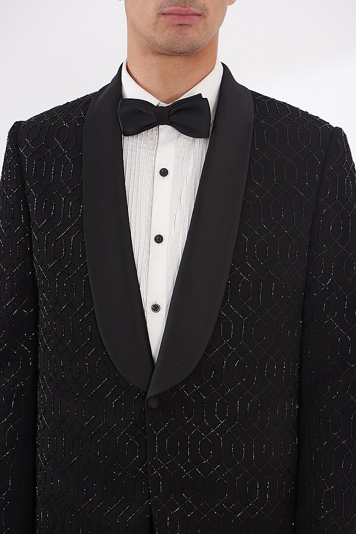 Black Italian Crepe Embroidered Tuxedo Set by Dev Kumar at Pernia's Pop Up Shop