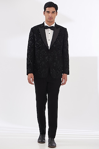 Black Italian Crepe Embroidered Tuxedo Set by Dev Kumar
