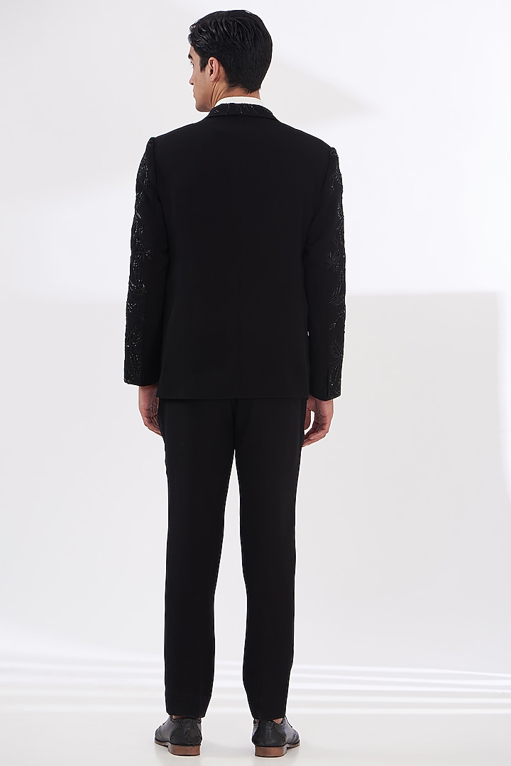 Black Italian Crepe Embroidered Tuxedo Set by Dev Kumar at Pernia's Pop Up Shop