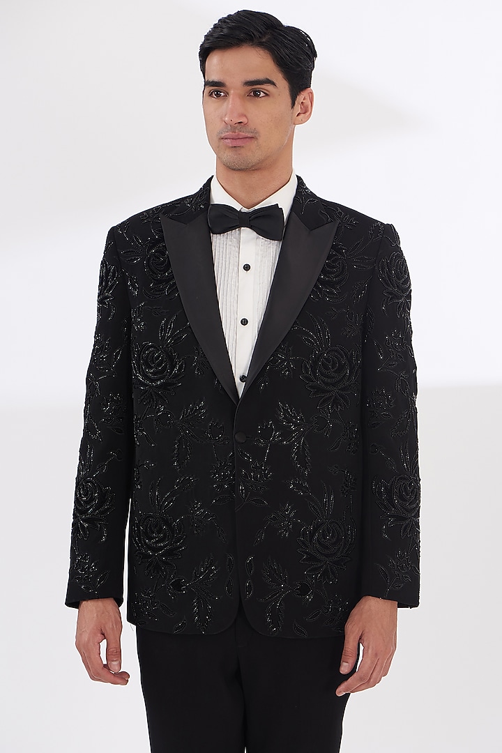 Black Italian Crepe Embroidered Tuxedo Set by Dev Kumar at Pernia's Pop Up Shop