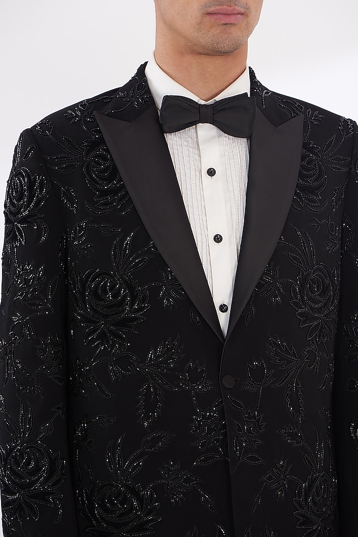 Black Italian Crepe Embroidered Tuxedo Set by Dev Kumar at Pernia's Pop Up Shop