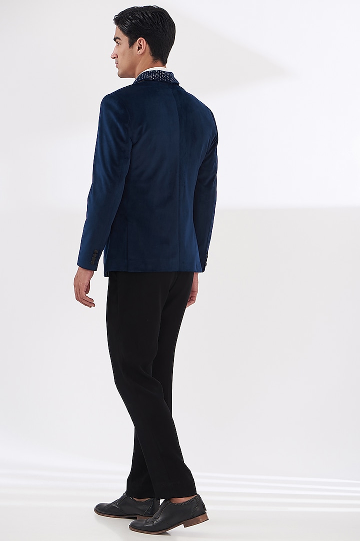 Blue Italian Crepe Embroidered Tuxedo Set by Dev Kumar at Pernia's Pop Up Shop