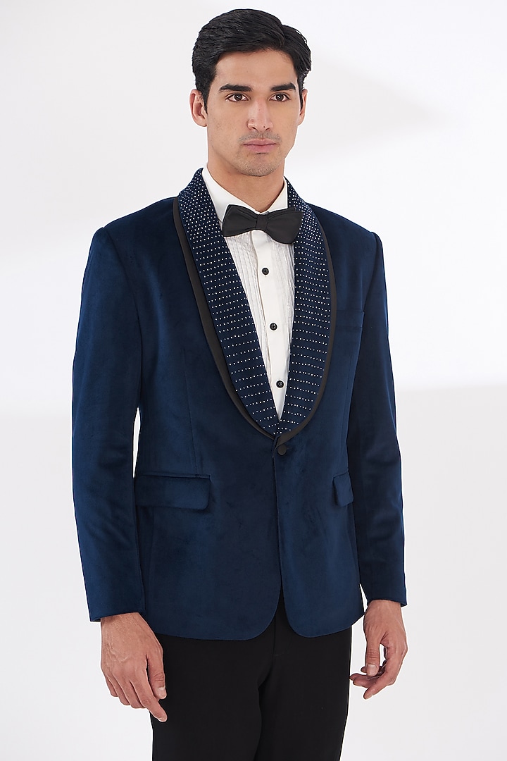 Blue Italian Crepe Embroidered Tuxedo Set by Dev Kumar at Pernia's Pop Up Shop