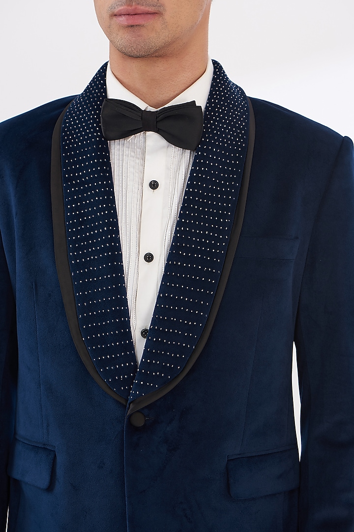 Blue Italian Crepe Embroidered Tuxedo Set by Dev Kumar at Pernia's Pop Up Shop