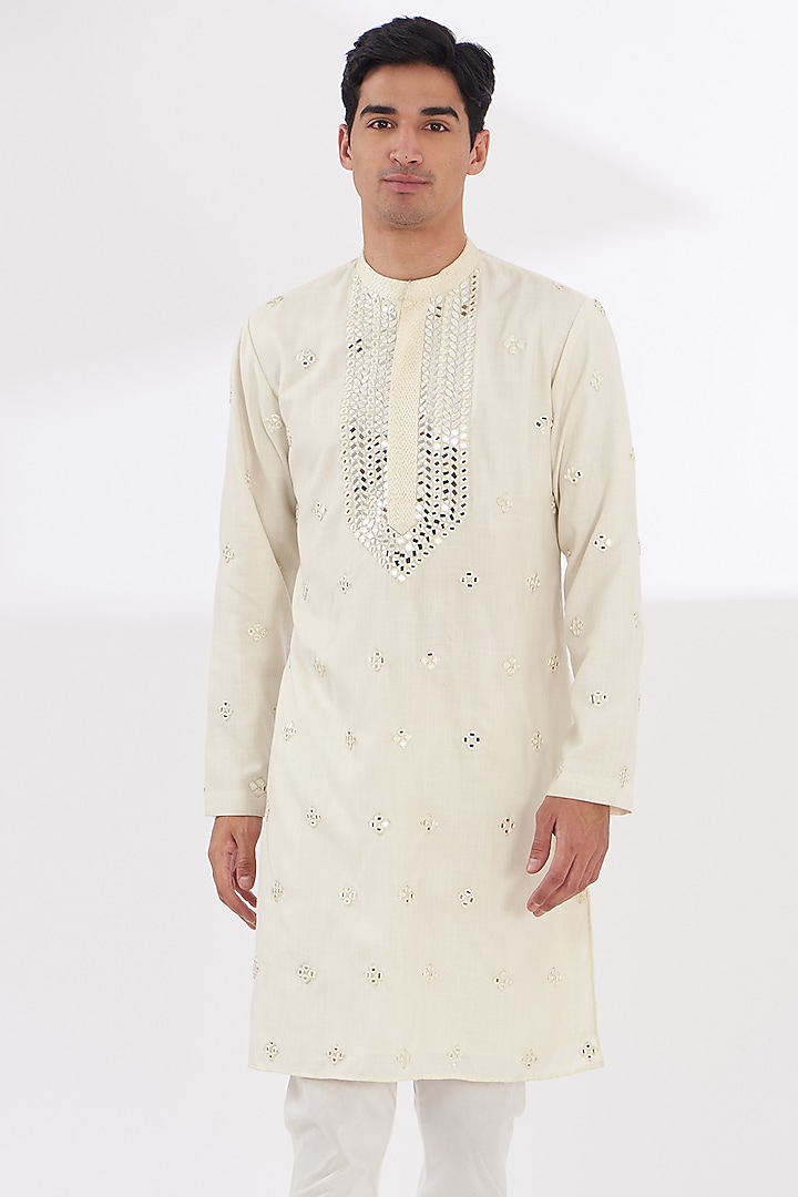 Ivory Cotton Silk Embroidered Kurta Set by Dev Kumar at Pernia's Pop Up Shop