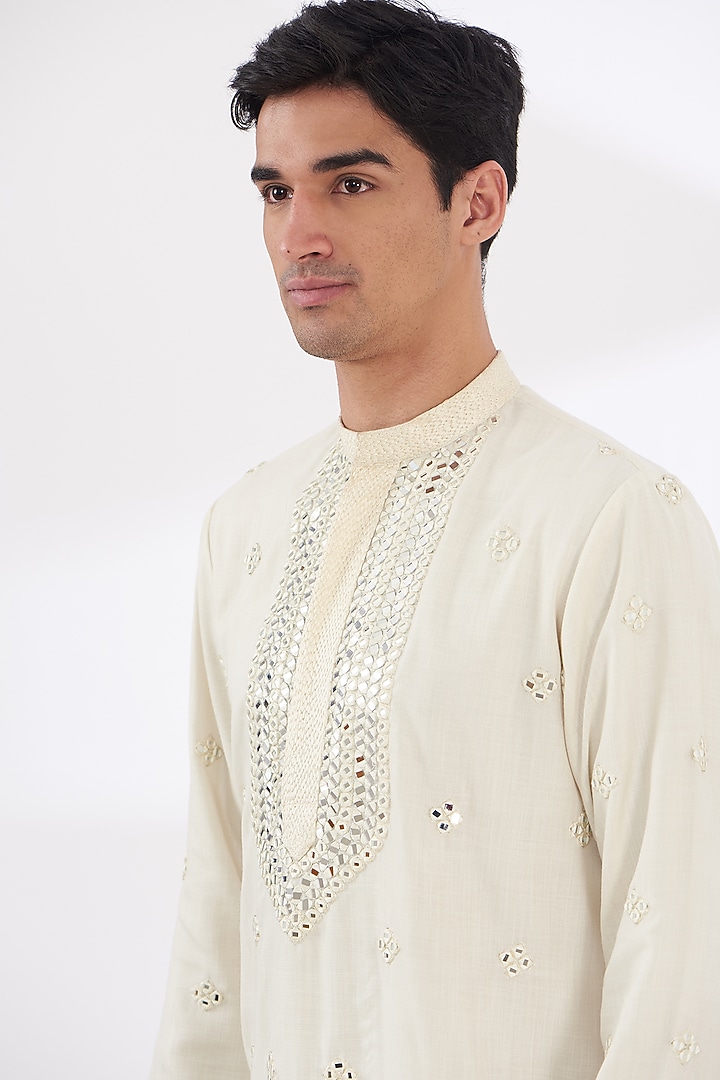 Ivory Cotton Silk Embroidered Kurta Set by Dev Kumar at Pernia's Pop Up Shop