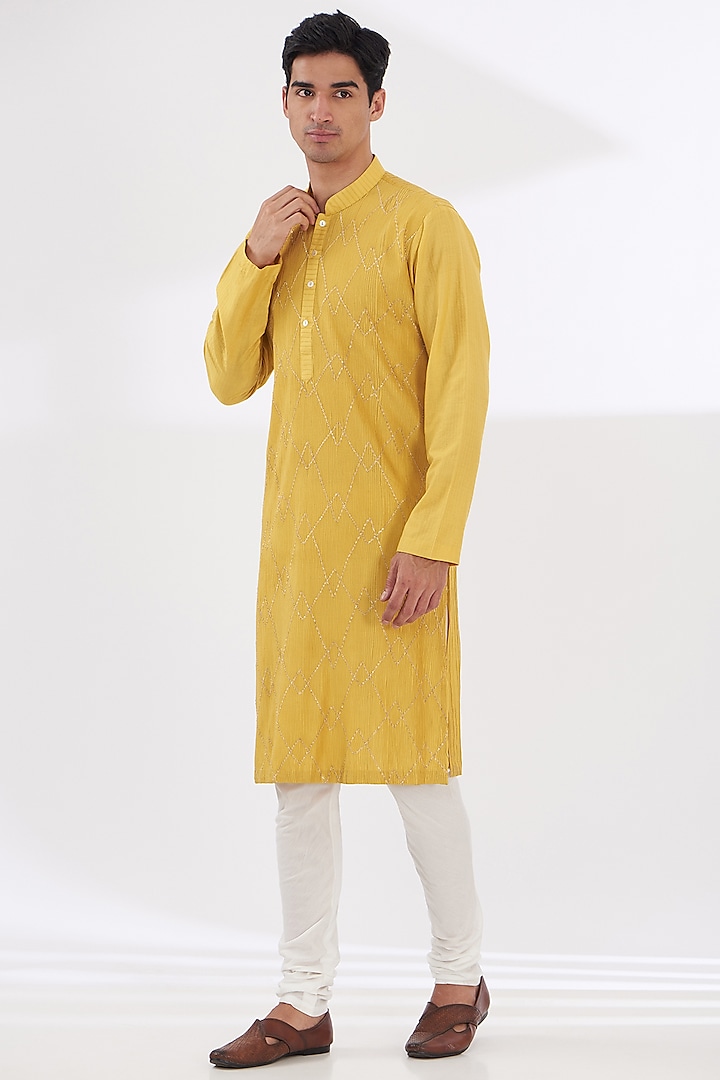 Yellow Cotton Silk Kurta Set by Dev Kumar