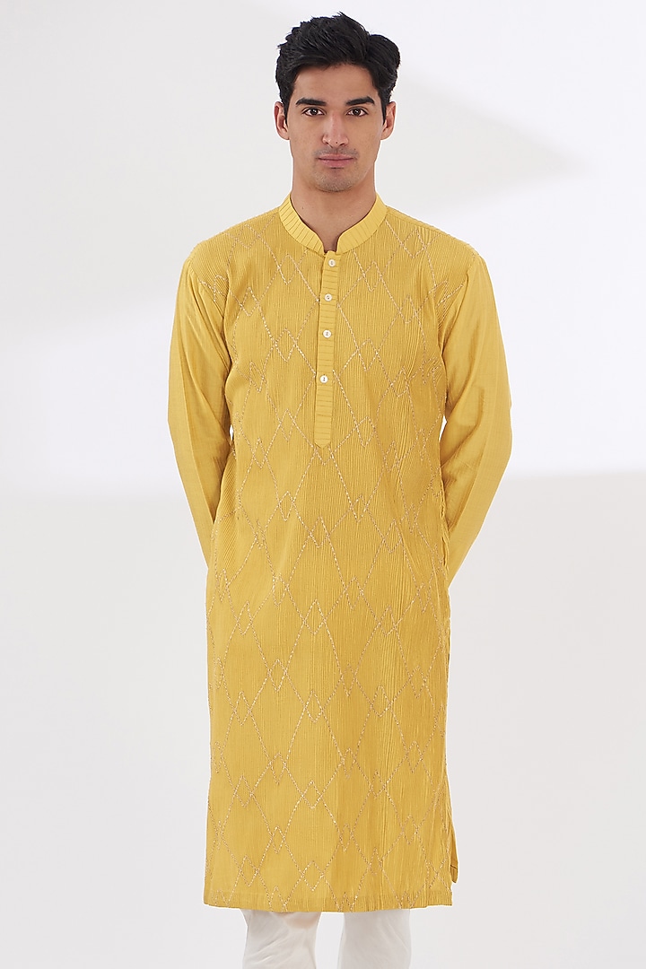 Yellow Cotton Silk Kurta Set by Dev Kumar at Pernia's Pop Up Shop