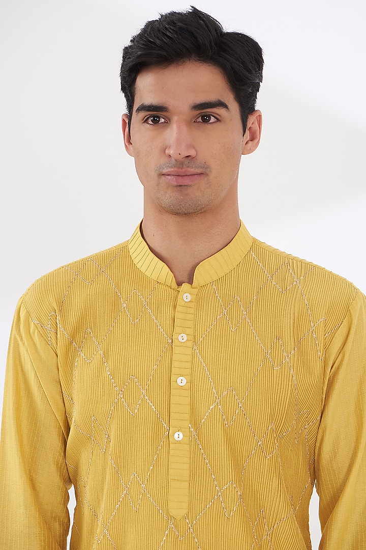 Yellow Cotton Silk Kurta Set by Dev Kumar at Pernia's Pop Up Shop