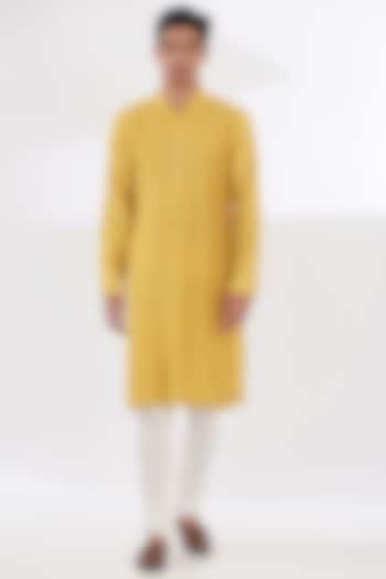 Yellow Cotton Silk Kurta Set by Dev Kumar