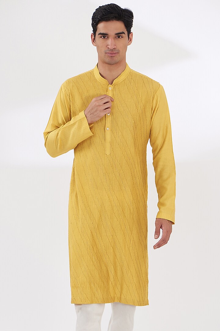 Yellow Cotton Silk Kurta Set by Dev Kumar at Pernia's Pop Up Shop