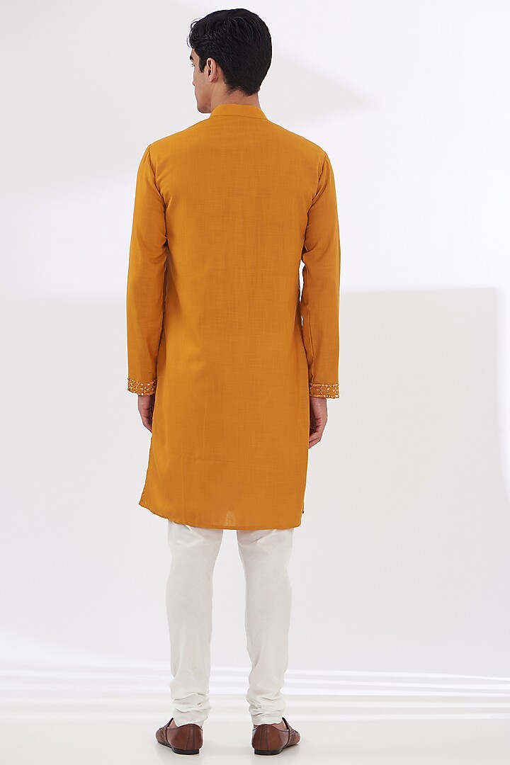 Mustard Cotton Silk Embroidered Kurta Set by Dev Kumar at Pernia's Pop Up Shop