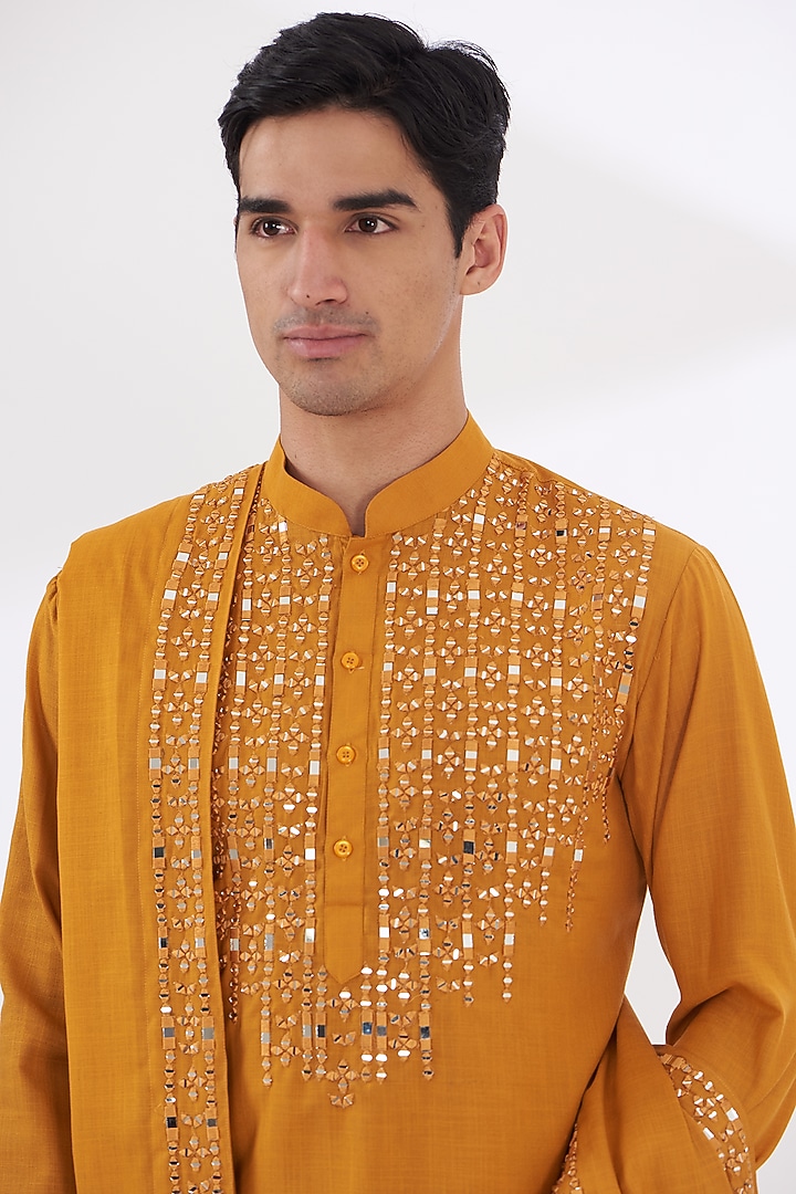 Mustard Cotton Silk Embroidered Kurta Set by Dev Kumar at Pernia's Pop Up Shop