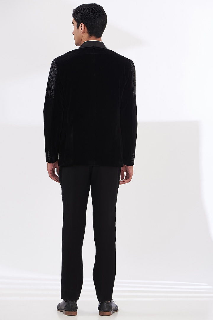 Black Silk Velvet Embroidered Tuxedo Set by Dev Kumar at Pernia's Pop Up Shop