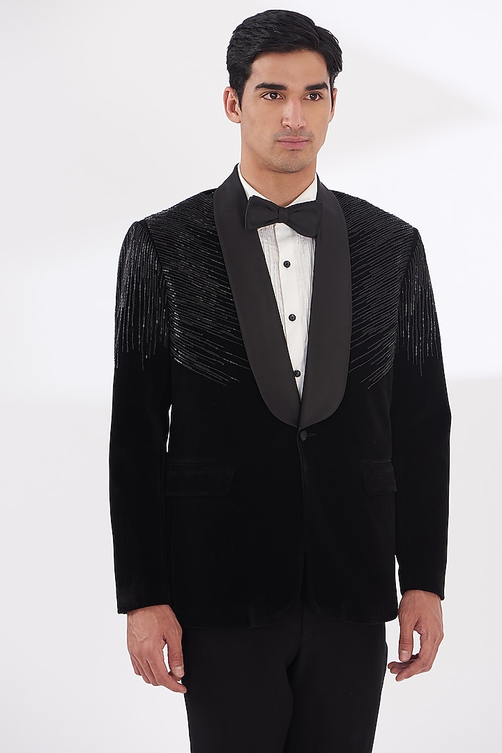 Black Silk Velvet Embroidered Tuxedo Set by Dev Kumar at Pernia's Pop Up Shop