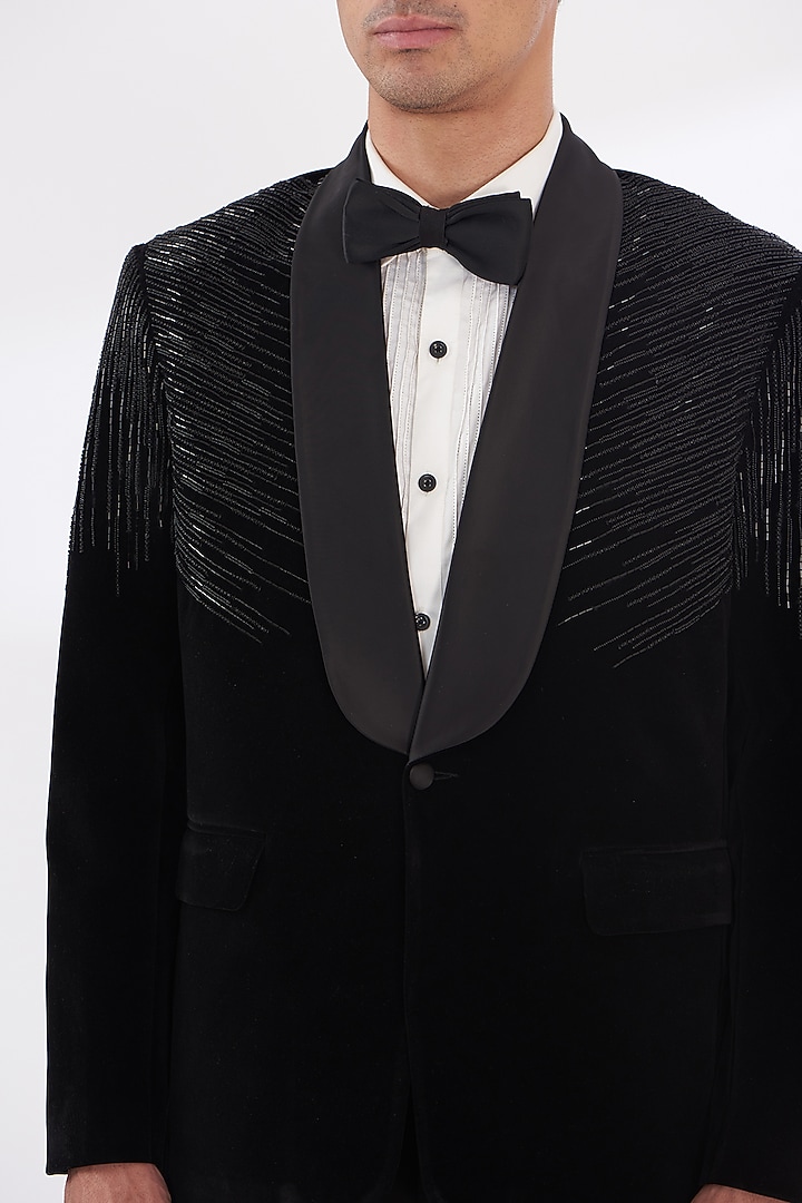 Black Silk Velvet Embroidered Tuxedo Set by Dev Kumar at Pernia's Pop Up Shop
