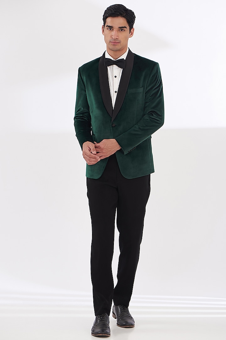 Bottle Green Silk Velvet Tuxedo Set by Dev Kumar