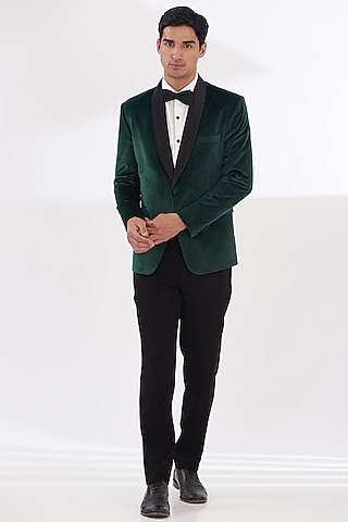 Bottle Green Silk Velvet Tuxedo Set by Dev Kumar
