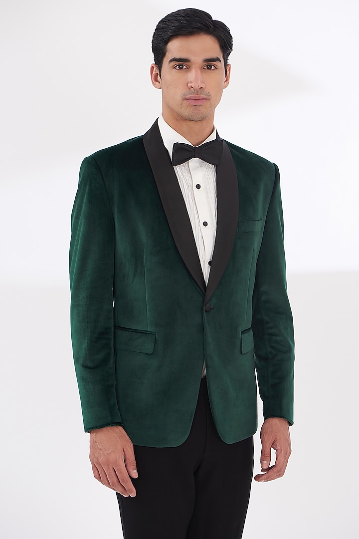 Bottle Green Silk Velvet Tuxedo Set by Dev Kumar at Pernia's Pop Up Shop