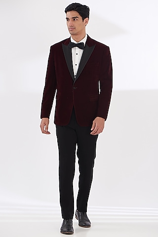 Wine Silk Velvet Tuxedo Set by Dev Kumar