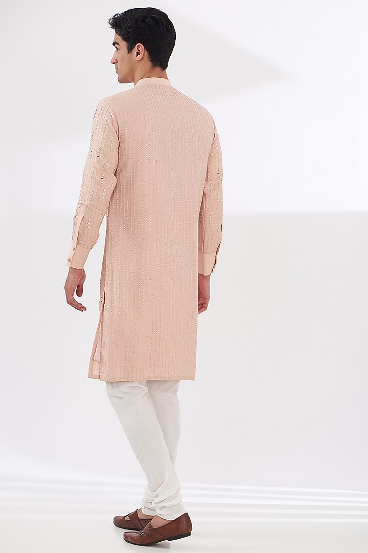 Peach Cotton Silk Embroidered Kurta Set by Dev Kumar at Pernia's Pop Up Shop