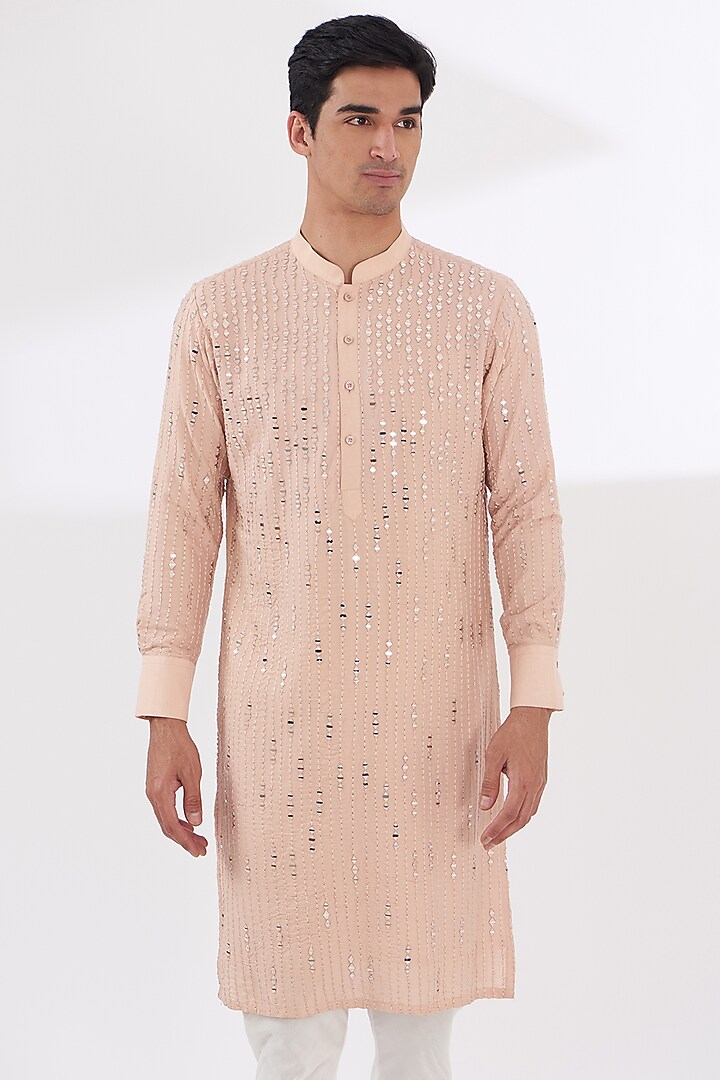 Peach Cotton Silk Embroidered Kurta Set by Dev Kumar at Pernia's Pop Up Shop