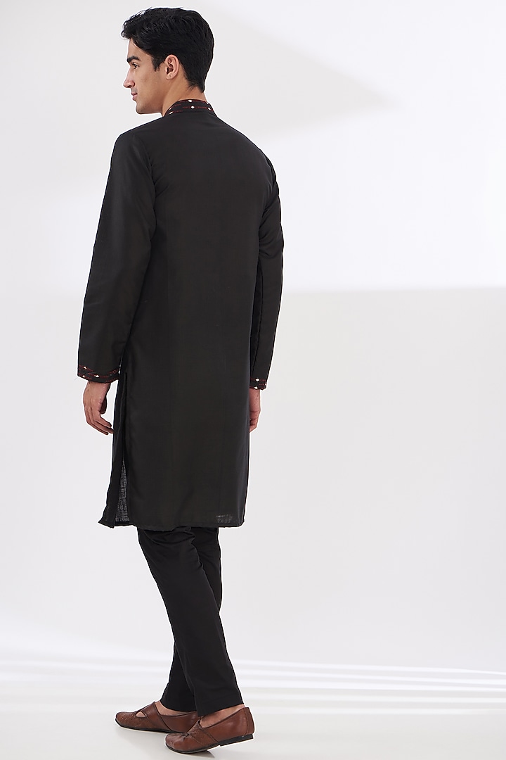 Black Cotton Silk Embroidered Kurta Set by Dev Kumar at Pernia's Pop Up Shop
