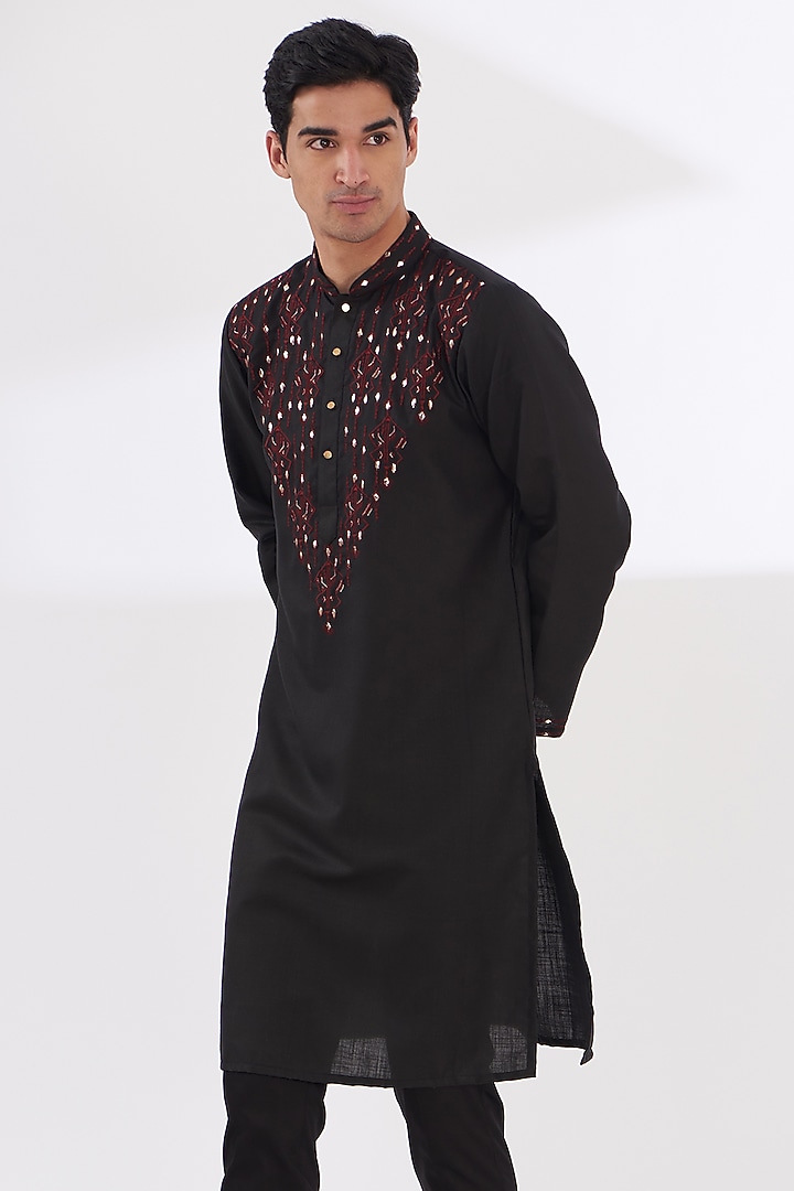 Black Cotton Silk Embroidered Kurta Set by Dev Kumar at Pernia's Pop Up Shop