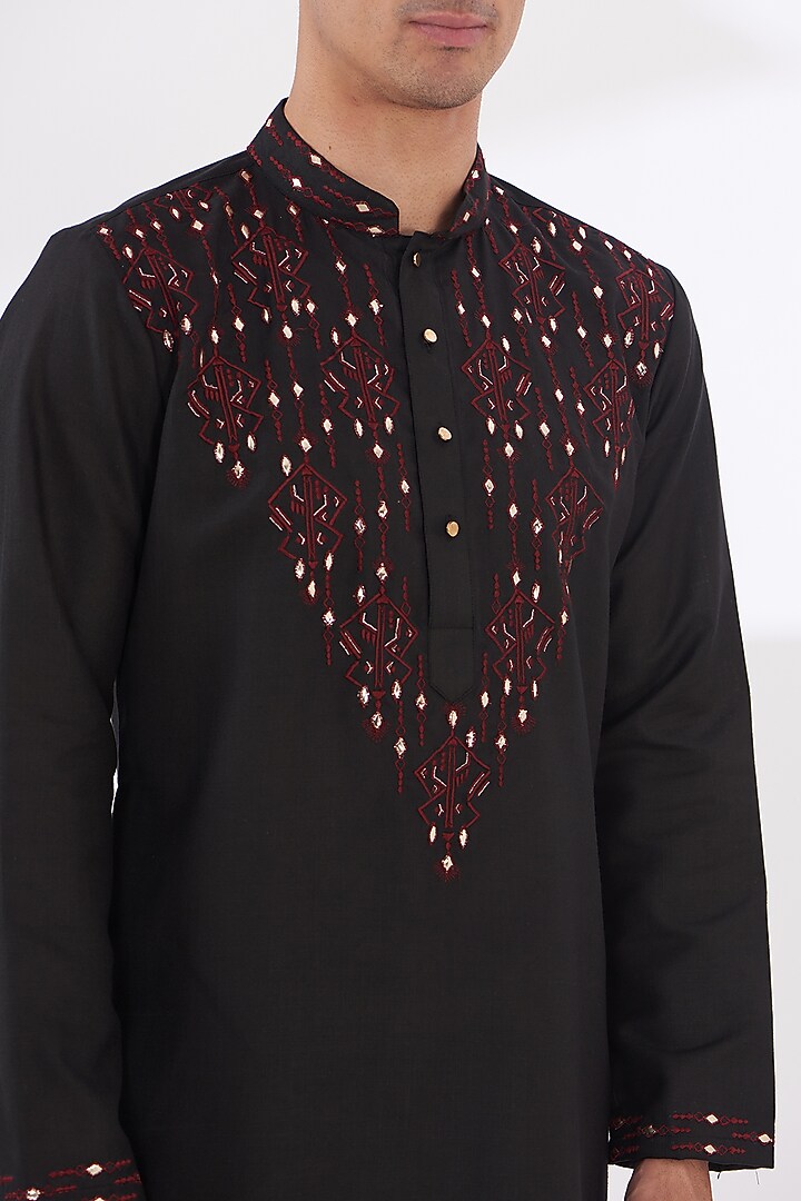 Black Cotton Silk Embroidered Kurta Set by Dev Kumar at Pernia's Pop Up Shop