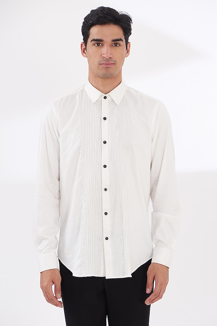 White Cotton Satin Party Wear Shirt by Dev Kumar at Pernia's Pop Up Shop